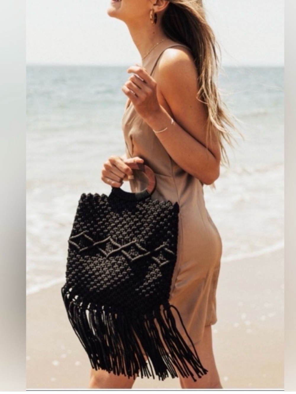 Danielle Nicole Black Macramé Fringe Tote Bag with Wooden Handles